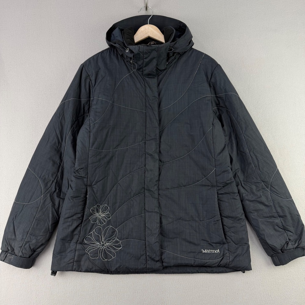 Marmot Insulated Hooded Ski Jacket Women Large Black Floral Puffer Outdoor Coat
